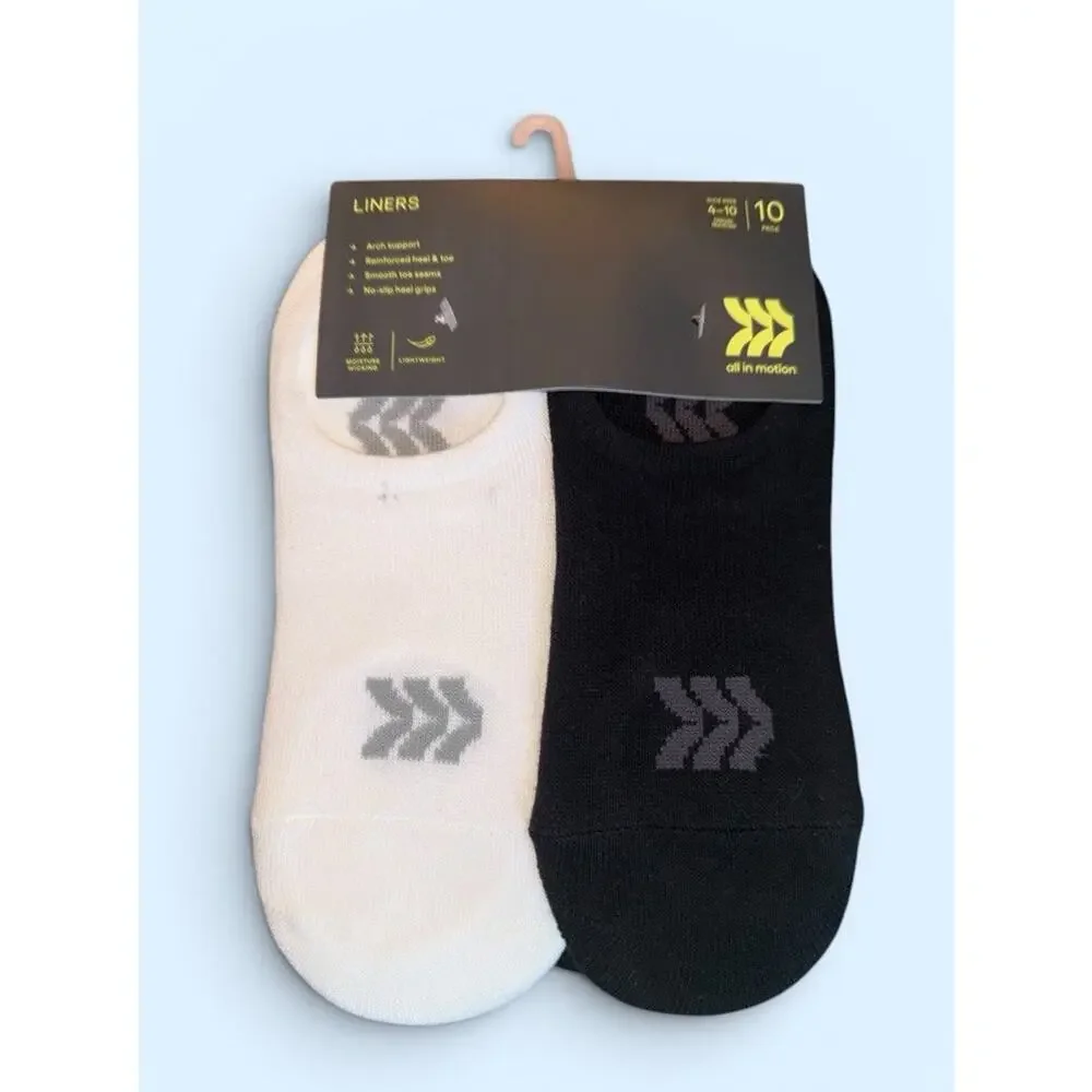 All In Motion Liners Socks Womens One Size 4-10 Black White 10 Pack No Show